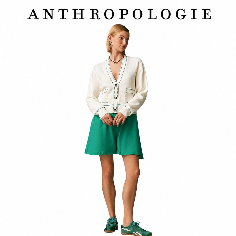 Anthropologie Maeve Cream and‎ Green Cardigan Mixed Media Dress